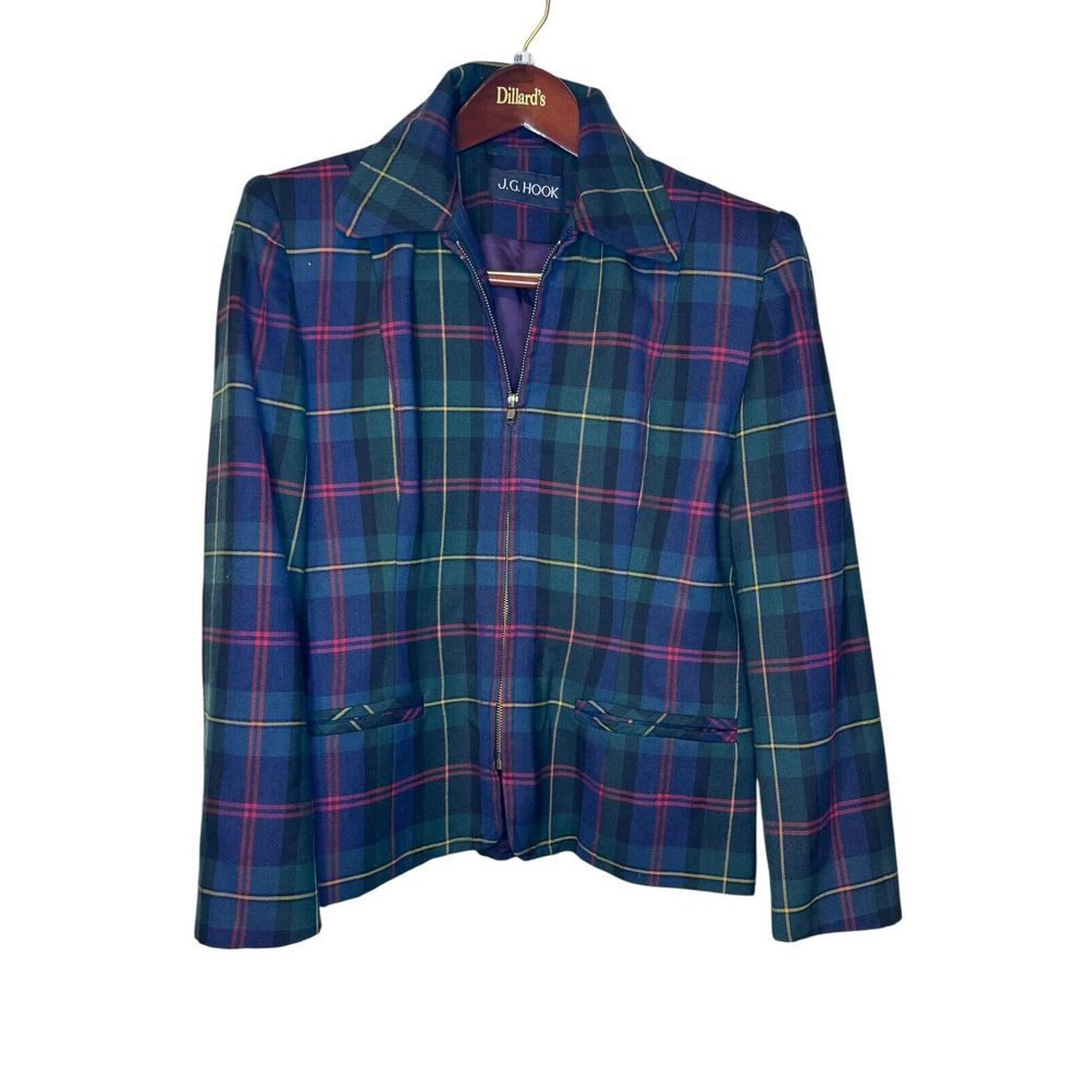 J.G. Hook Women Blazer Jacket 100% Wool Vintage 90's‎ Plaid Lined Full Zip Sz. 8